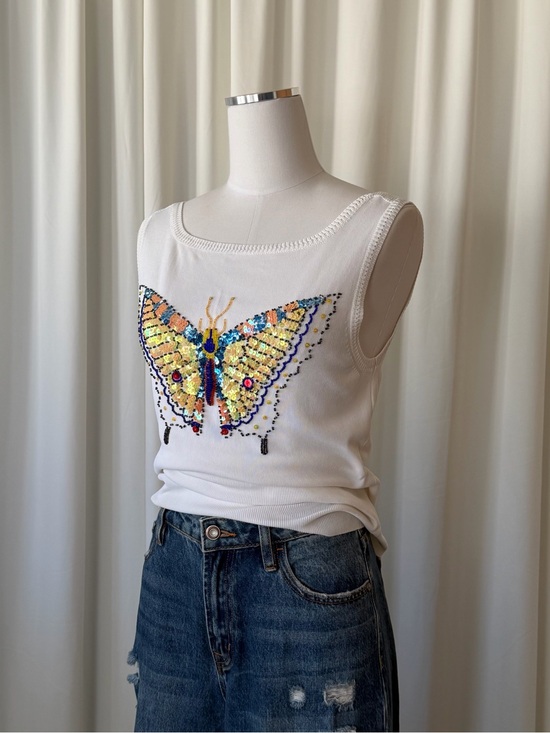 Lucia Burns Tops - Vintage Y2K Lucia Burns Beaded Butterfly Sequin Tank Top White Ribbed Large.